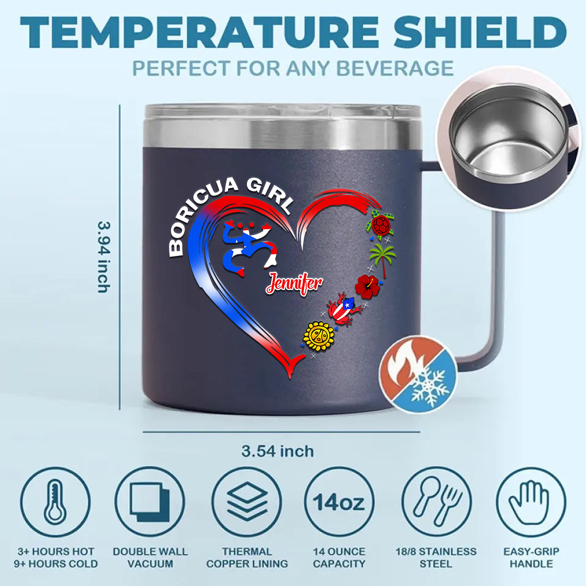 Boricua Puerto Rican Girl Custom 14oz Stainless Steel Tumbler With Handle