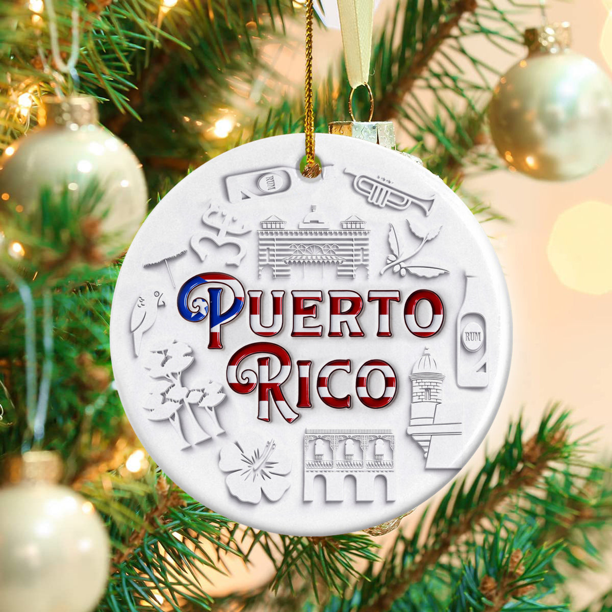 Puerto Rico Flag Circle Ornament With 2D Symbols Print