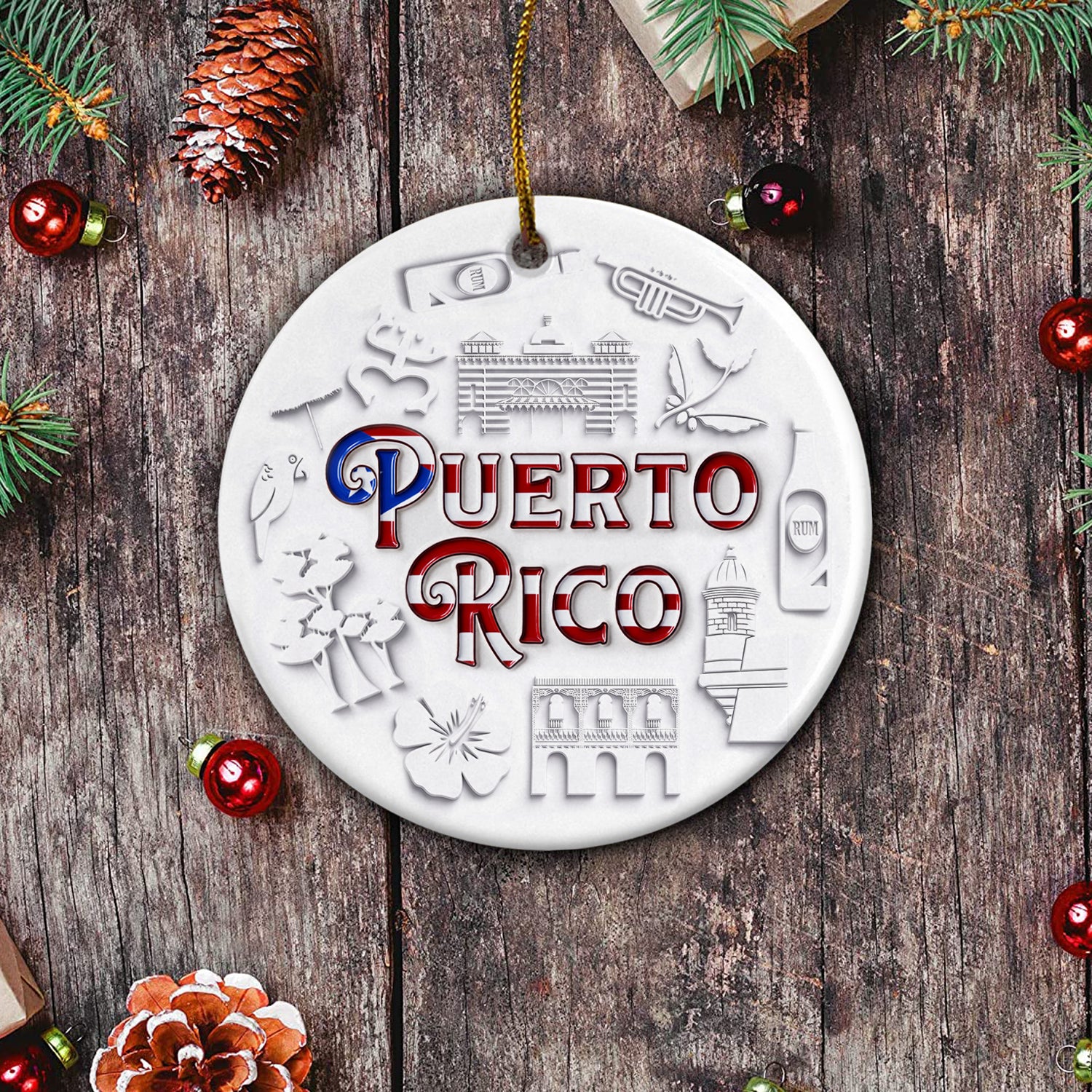 Puerto Rico Flag Circle Ornament With 2D Symbols Print