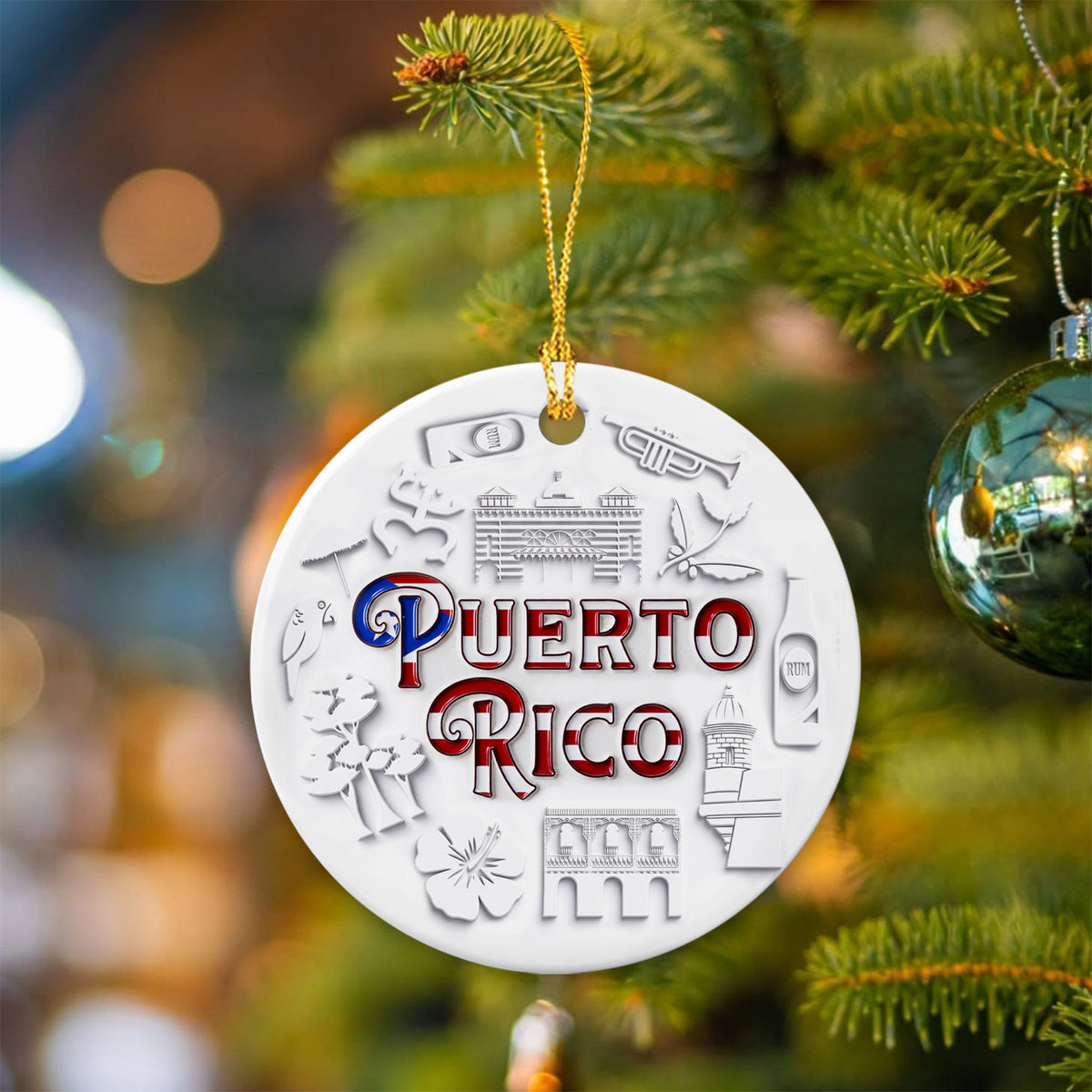 Puerto Rico Flag Circle Ornament With 2D Symbols Print