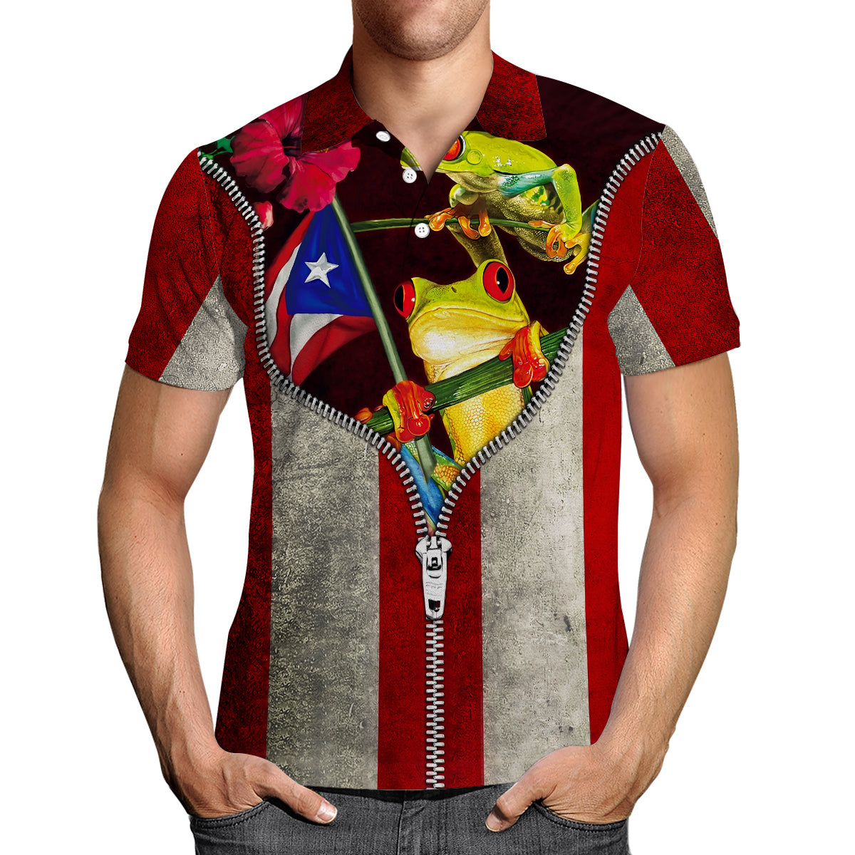 Puerto Rico Polo Shirt With Zipper Print
