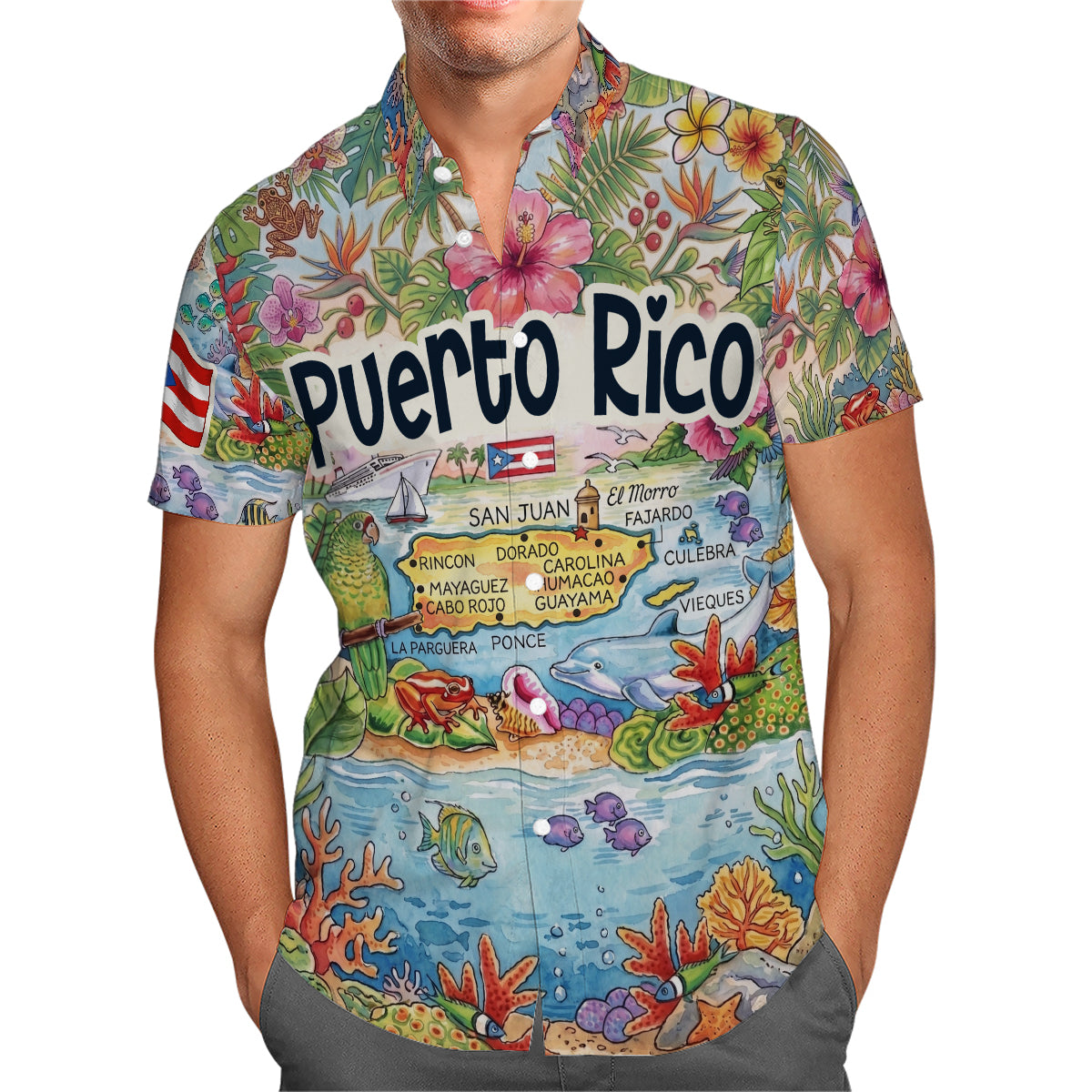 Puerto Rico Tropical Map Art Print Hawaiian Shirt