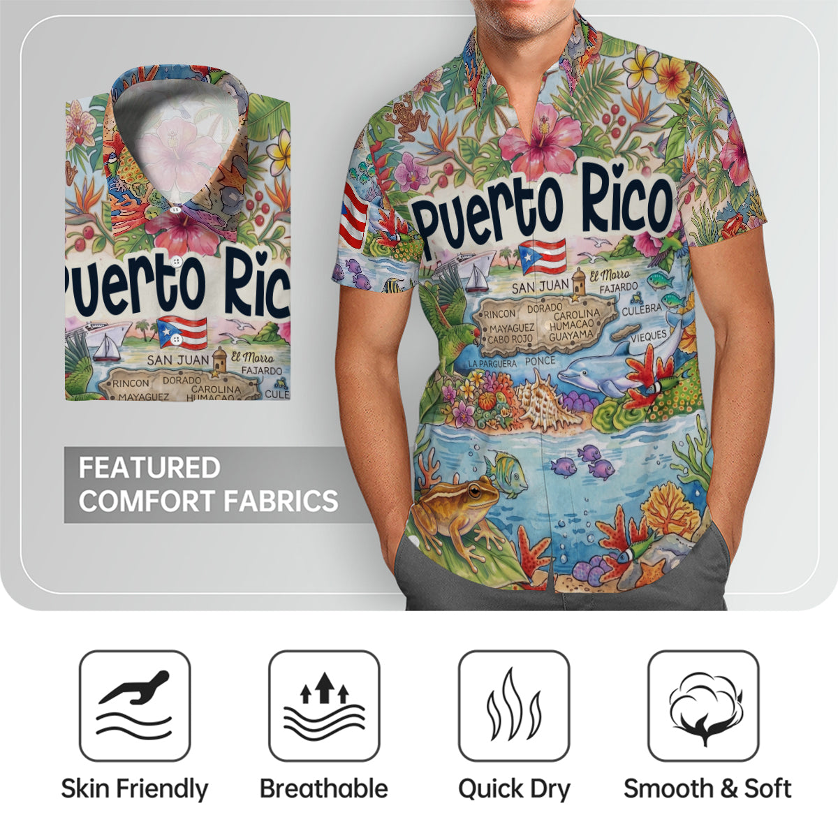 Puerto Rico Tropical Map Art Print Hawaiian Shirt