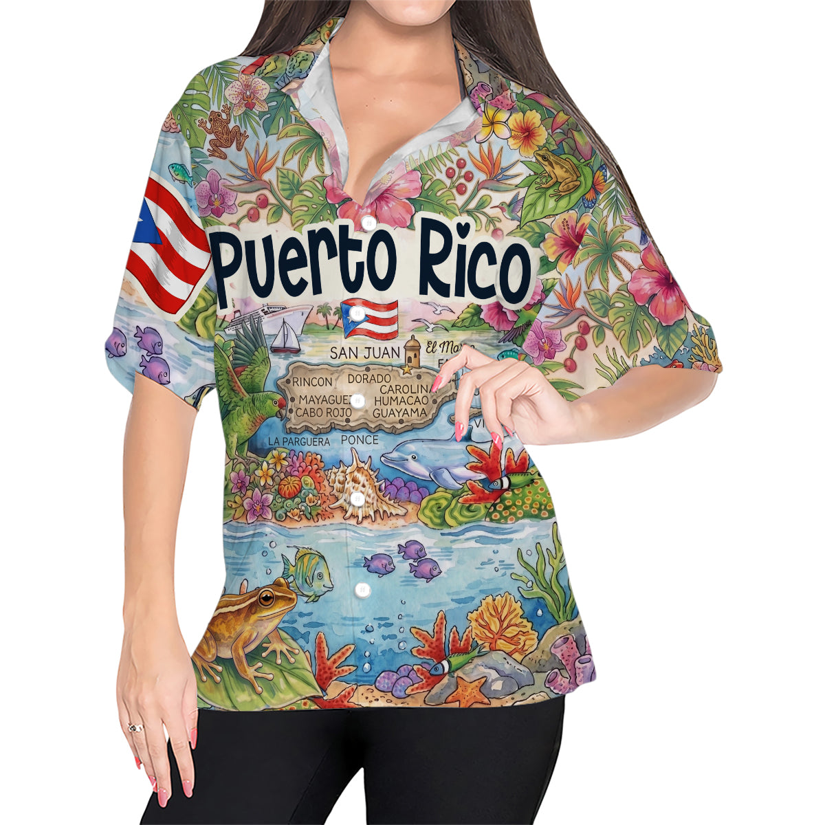 Puerto Rico Tropical Map Art Print Hawaiian Shirt