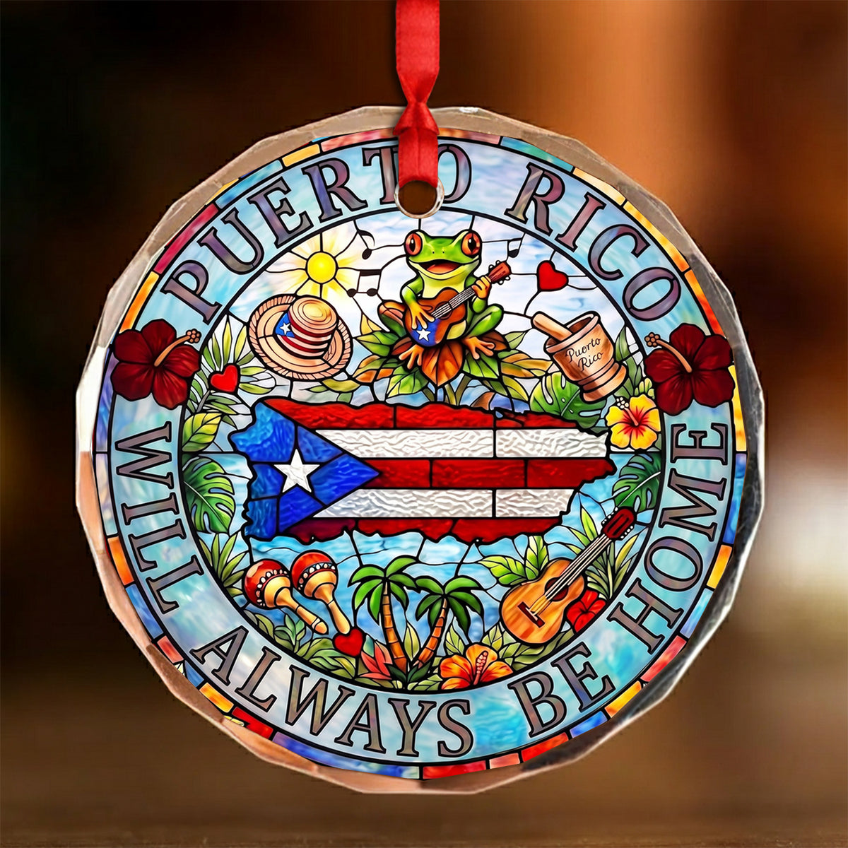 Puerto Rico Will Always Be Home Glass Ornament With Stained Glass
