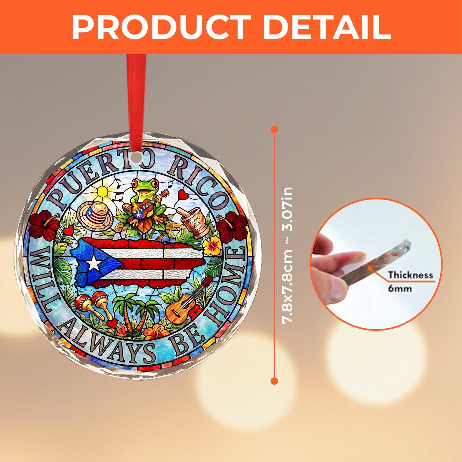 Puerto Rico Will Always Be Home Glass Ornament With Stained Glass