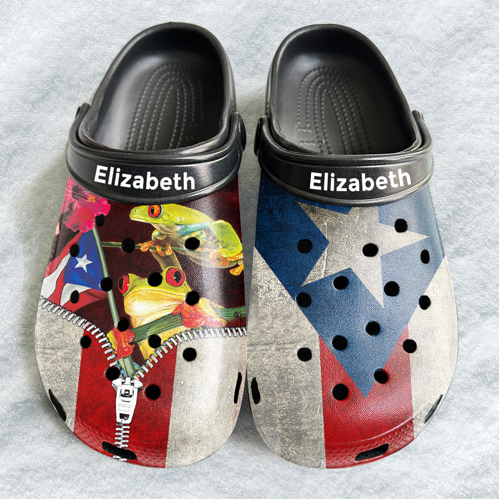 Puerto Rico Personalized Clogs Shoes With Frog, Zipper, Flag