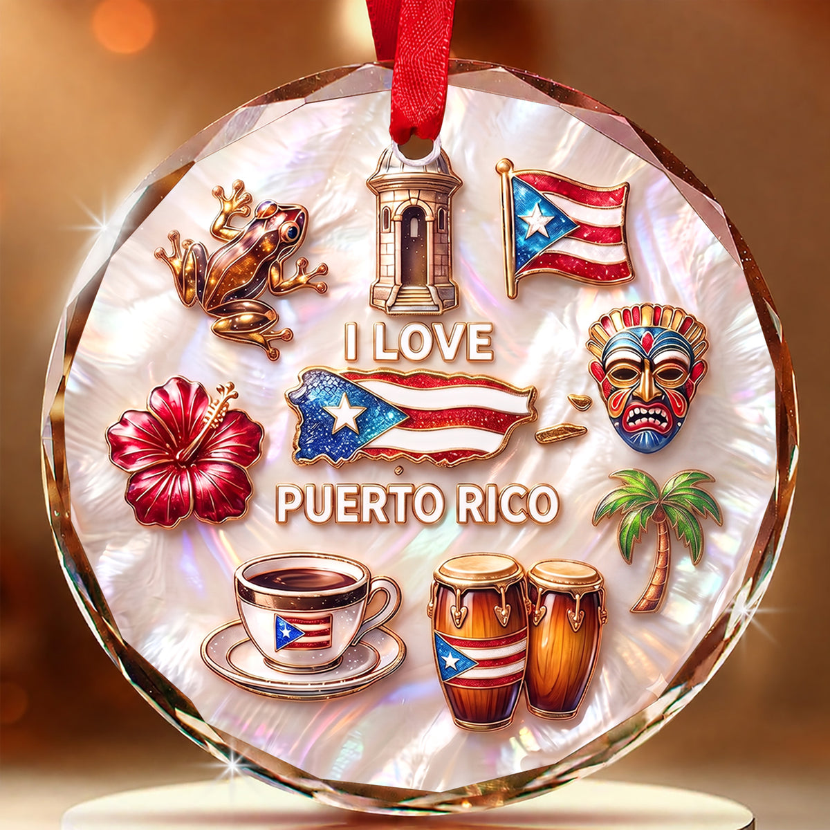 Puerto Rico Symbols 2D Printed Circle Glass Ornament