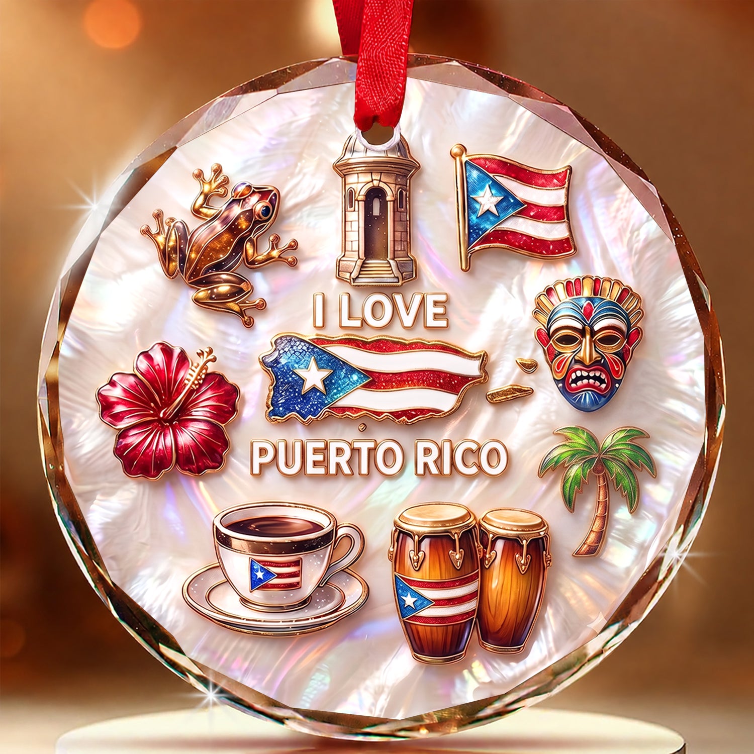 Puerto Rico Symbols 2D Printed Circle Glass Ornament