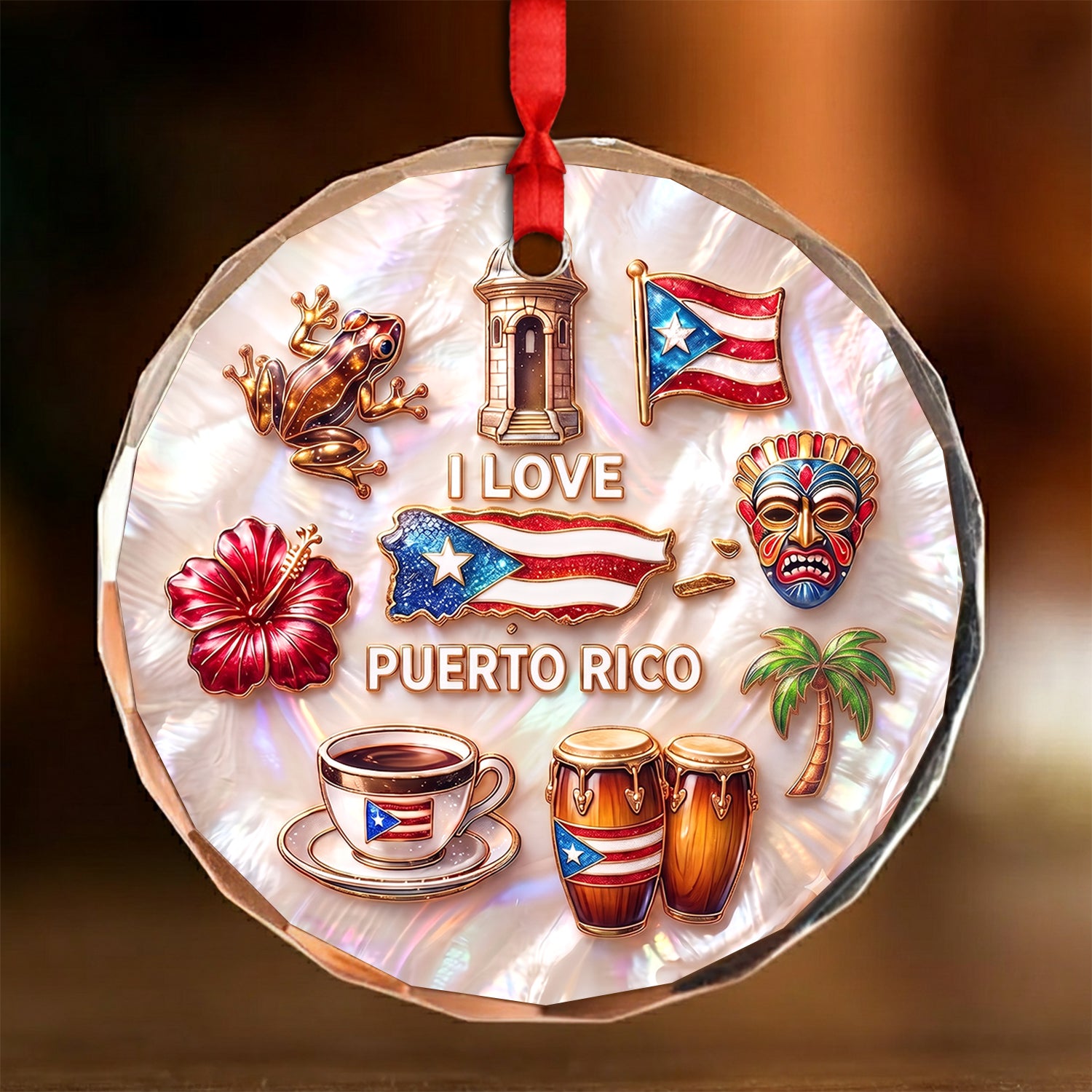 Puerto Rico Symbols 2D Printed Circle Glass Ornament