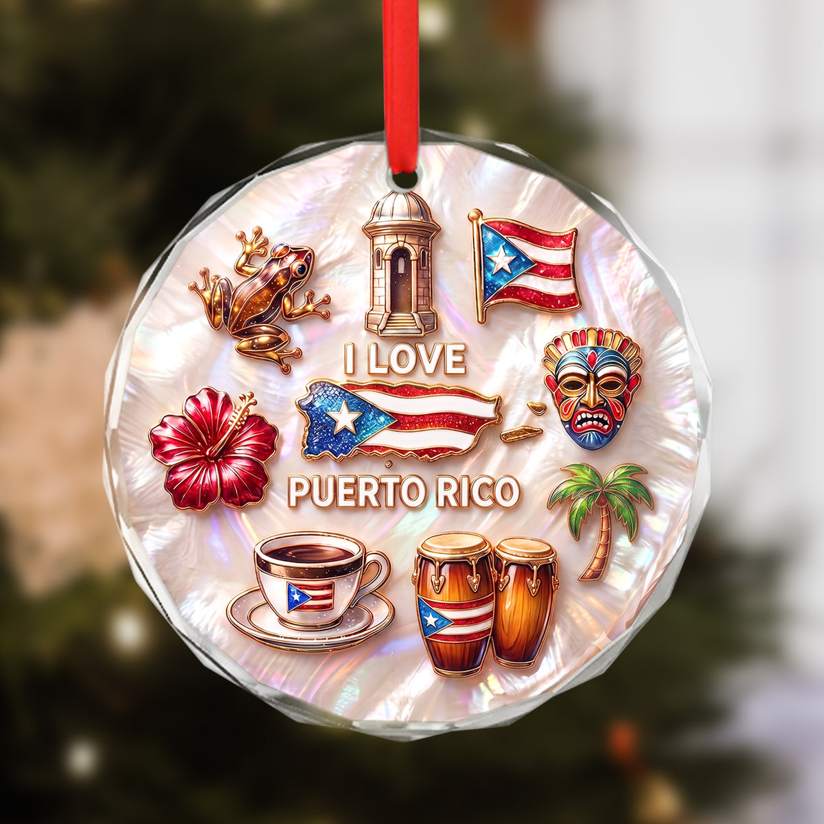 Puerto Rico Symbols 2D Printed Circle Glass Ornament