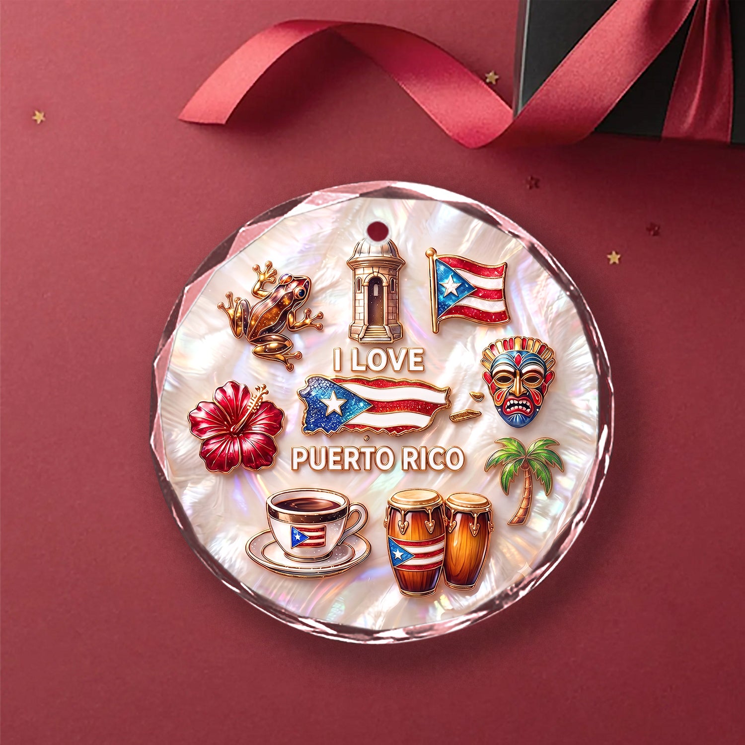 Puerto Rico Symbols 2D Printed Circle Glass Ornament