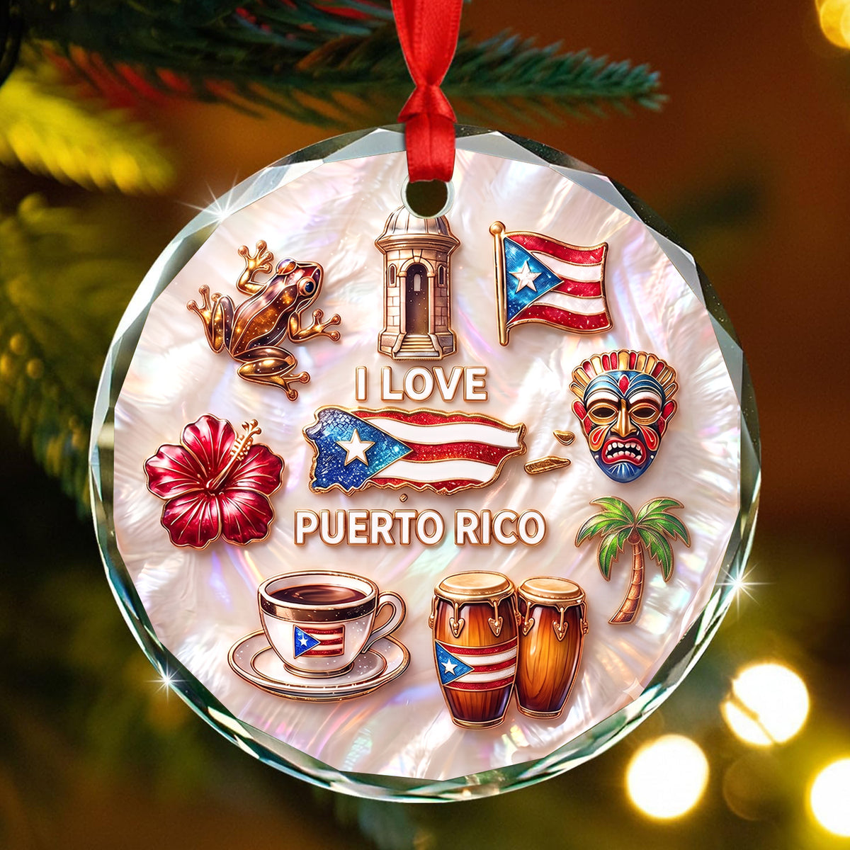 Puerto Rico Symbols 2D Printed Circle Glass Ornament