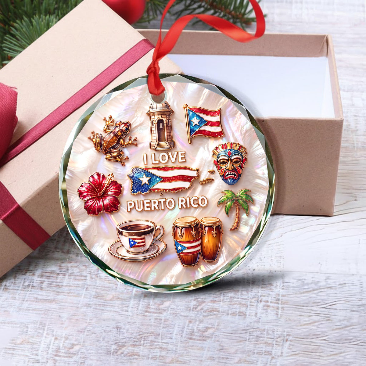Puerto Rico Symbols 2D Printed Circle Glass Ornament