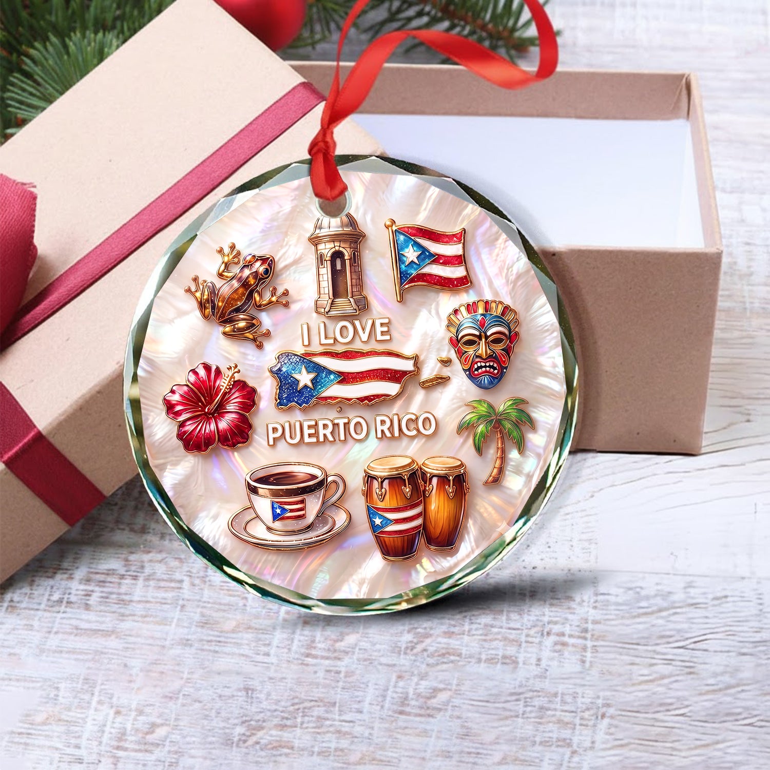 Puerto Rico Symbols 2D Printed Circle Glass Ornament