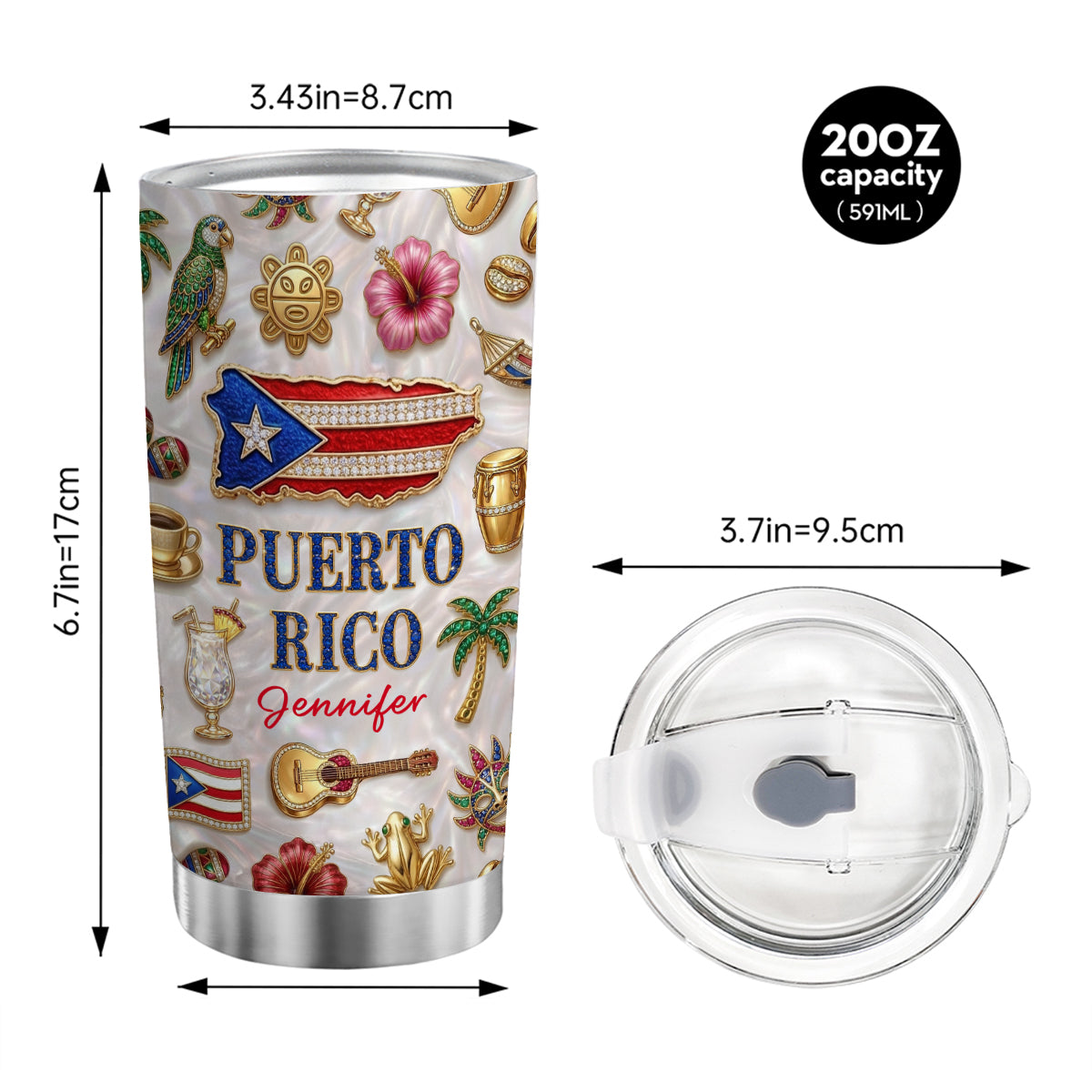 Custom Puerto Rico Tumbler With Puerto Rico Glitter Effect