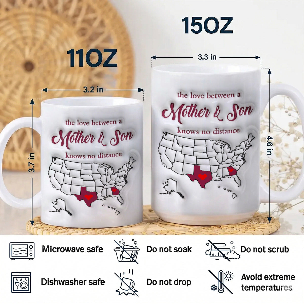 Personalized Gift For Mom Long Distance Mother And Son State Map Coffee Mug Cup
