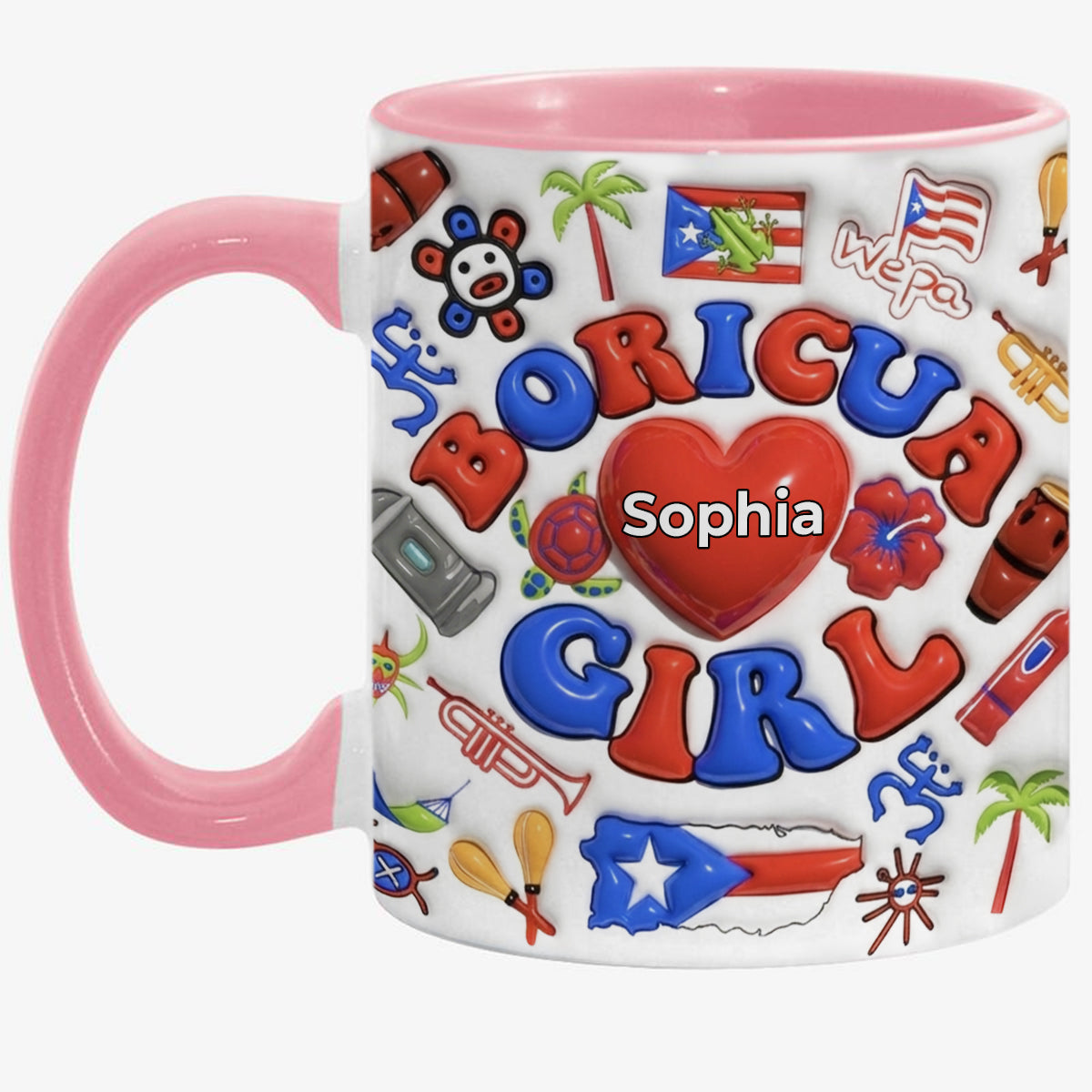 Custom Boricua Girl Accent Coffee Mug Cup With Name On Heart