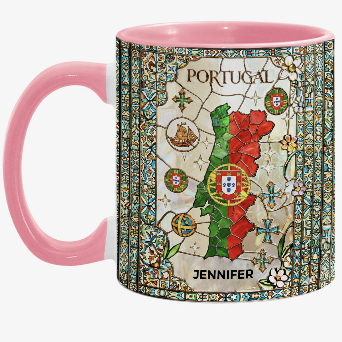 Custom Portugal Accent Mug With Flower Patterns