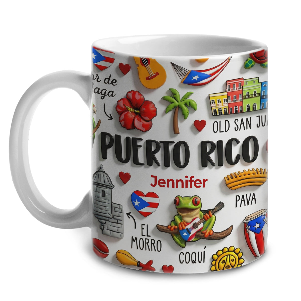 Puerto Rico Coffee Mug Cup With Custom Your Name Emboss Effect