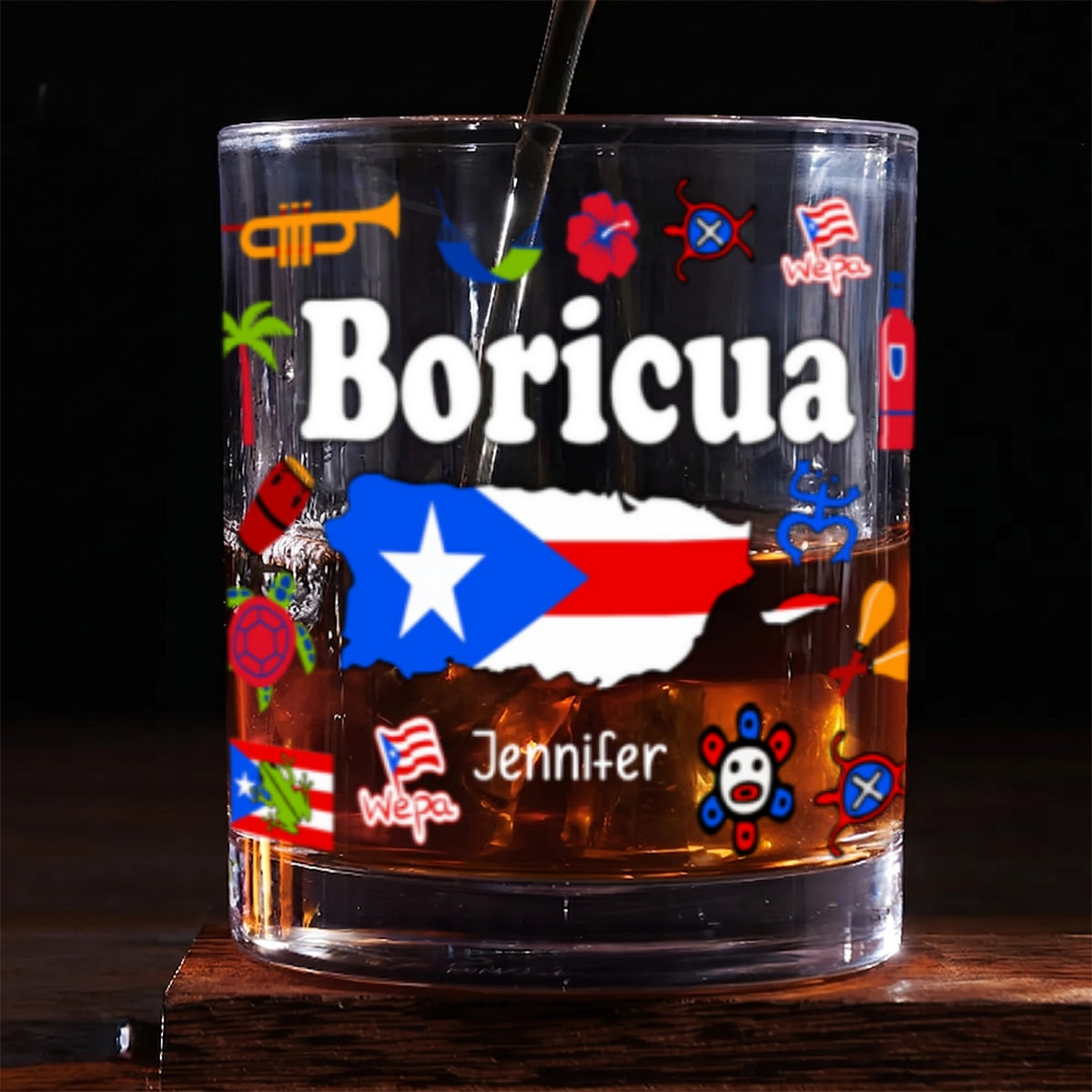 Custom Puerto Rico Symbols Whiskey Glass And Name