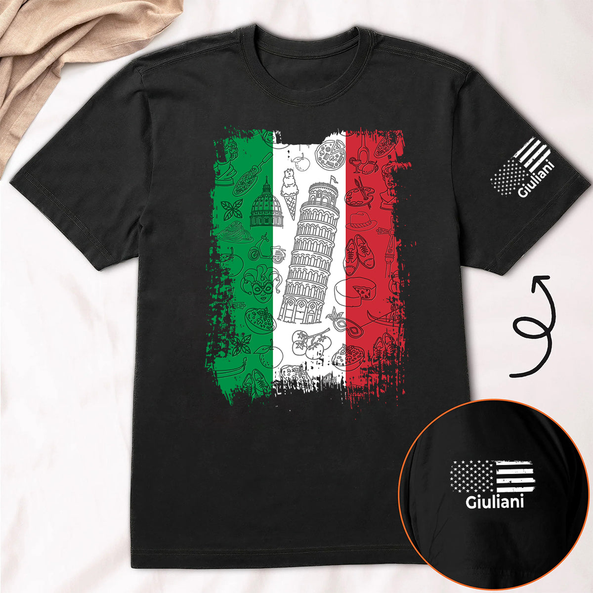 Italy Flag T-Shirt With Custom Name On Sleeve