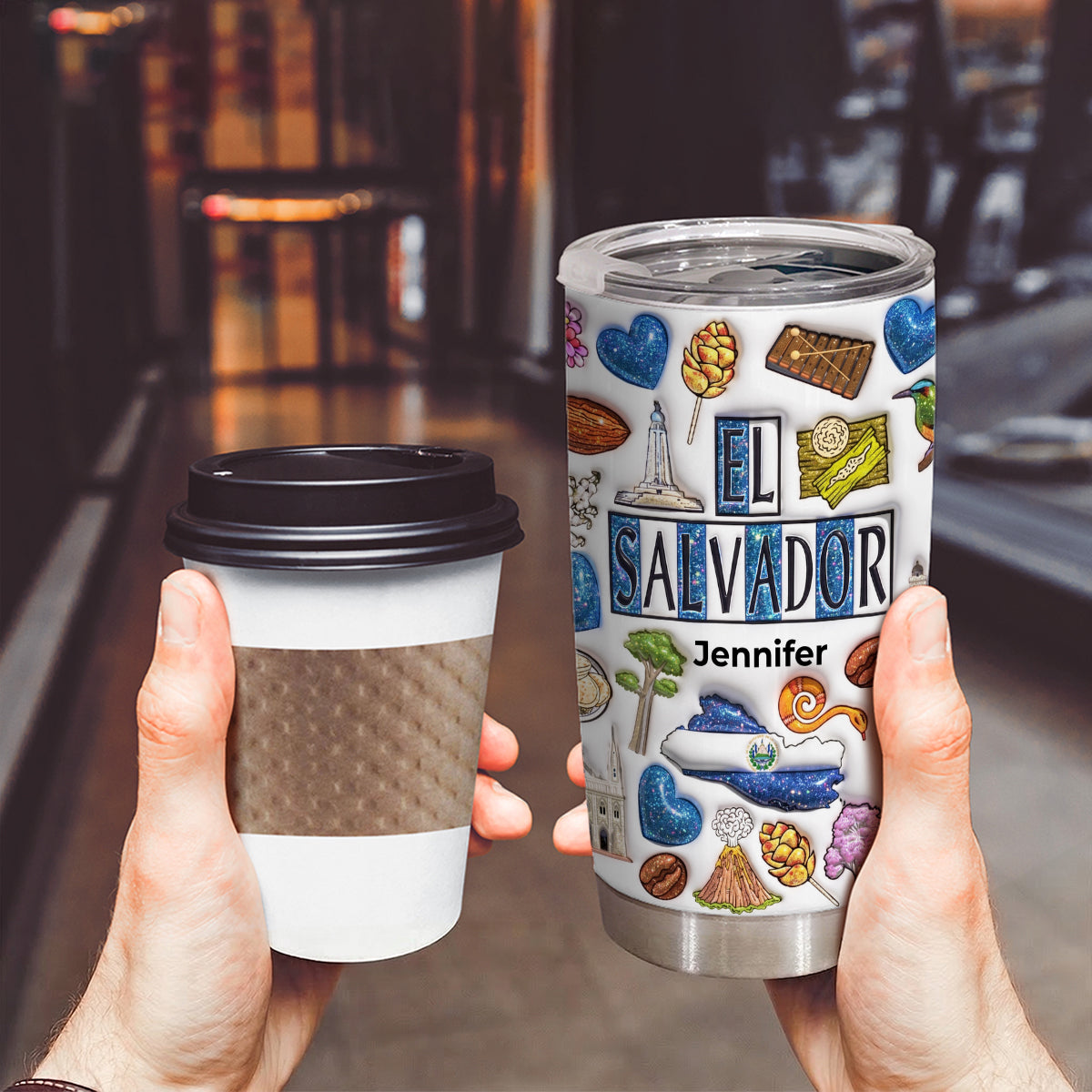Custom El Salvador Tumbler With Your Name With Glitter Effect Print