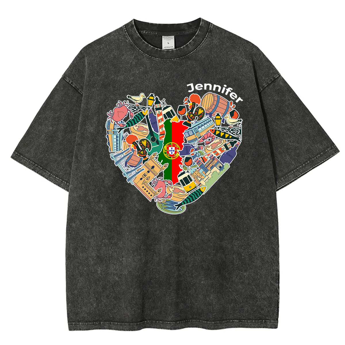 Custom Portugal Washed T-shirt With Mixed Symbols