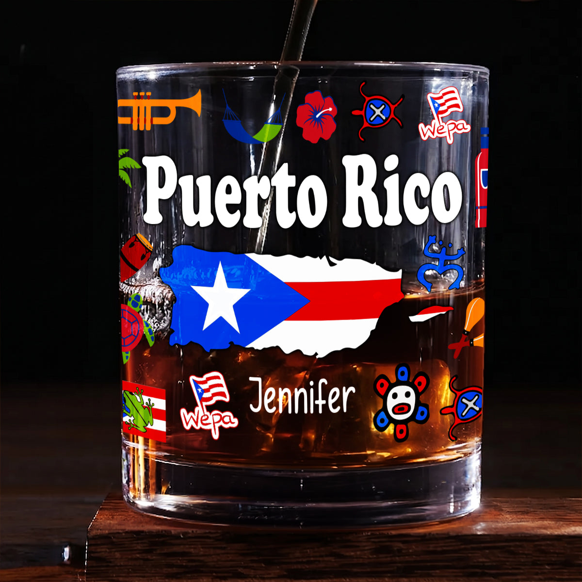 Custom Puerto Rico Symbols Whiskey Glass And Name