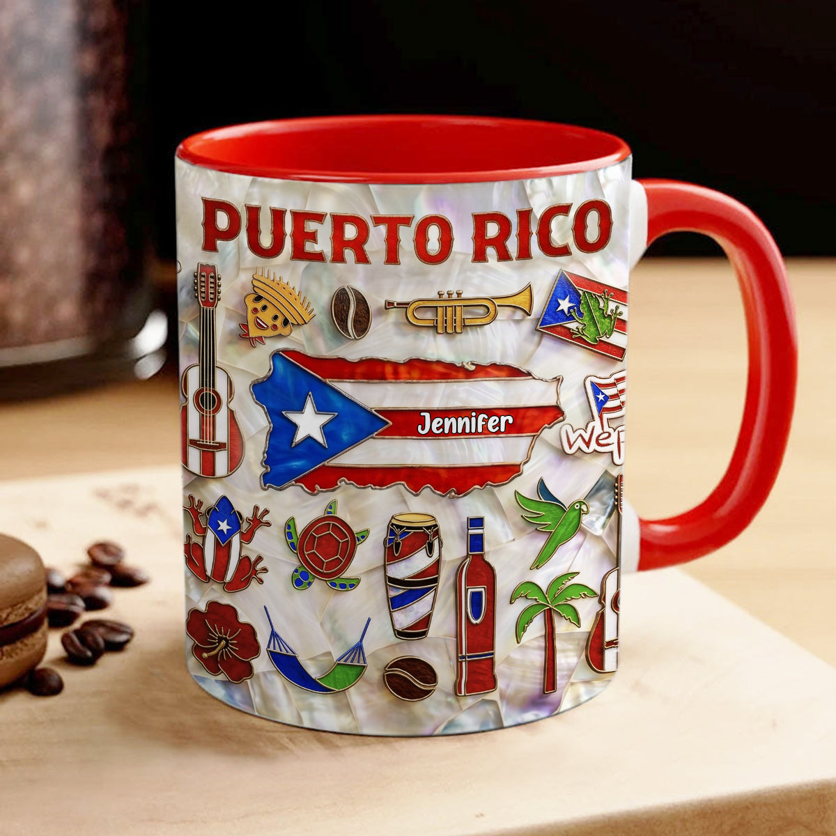 Personalized Puerto Rico Map 2D Printed Coffee Mug Cup, Custom Name Puerto Rico Gifts Souvenirs