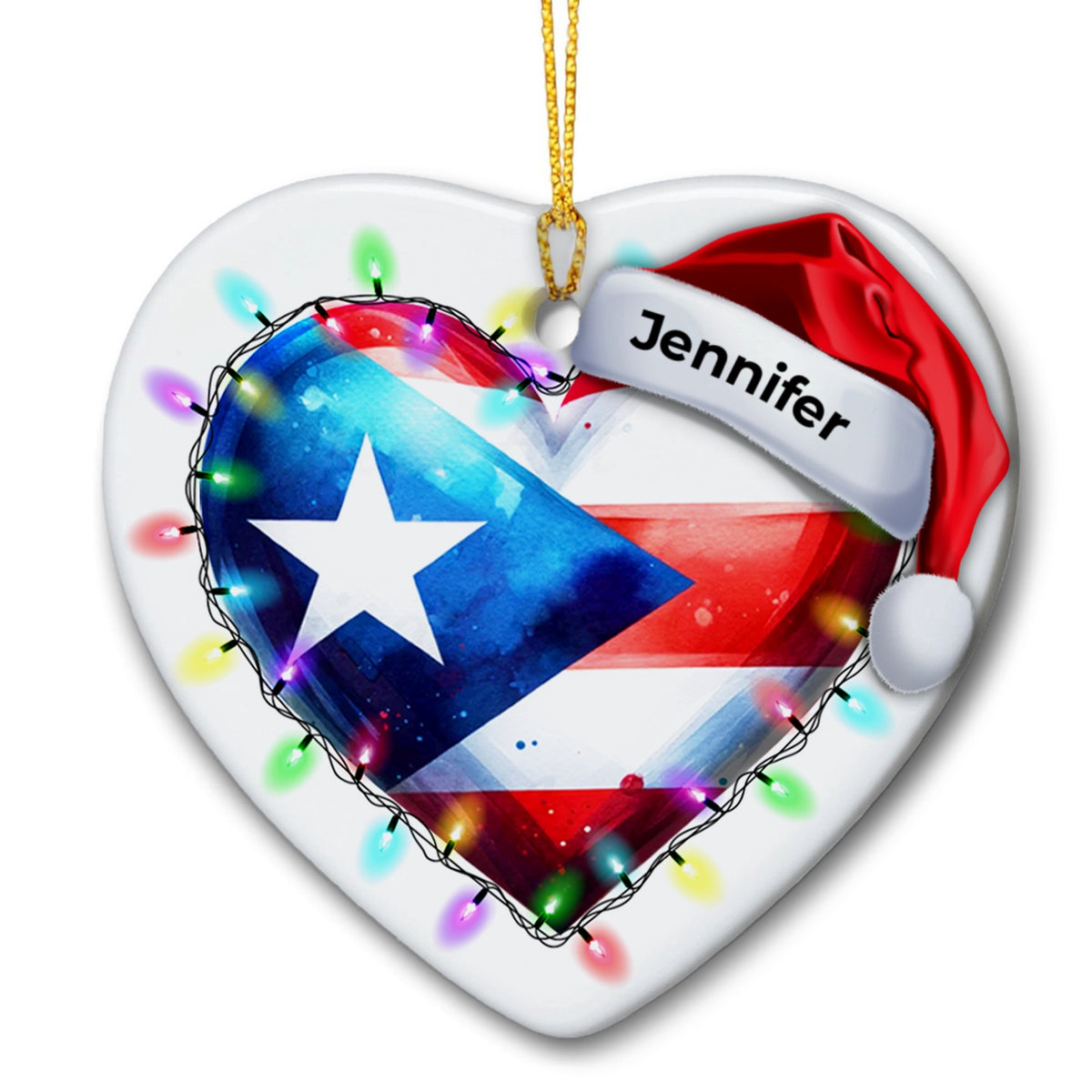Custom Puerto Rico Light Christmas Heart Ornament