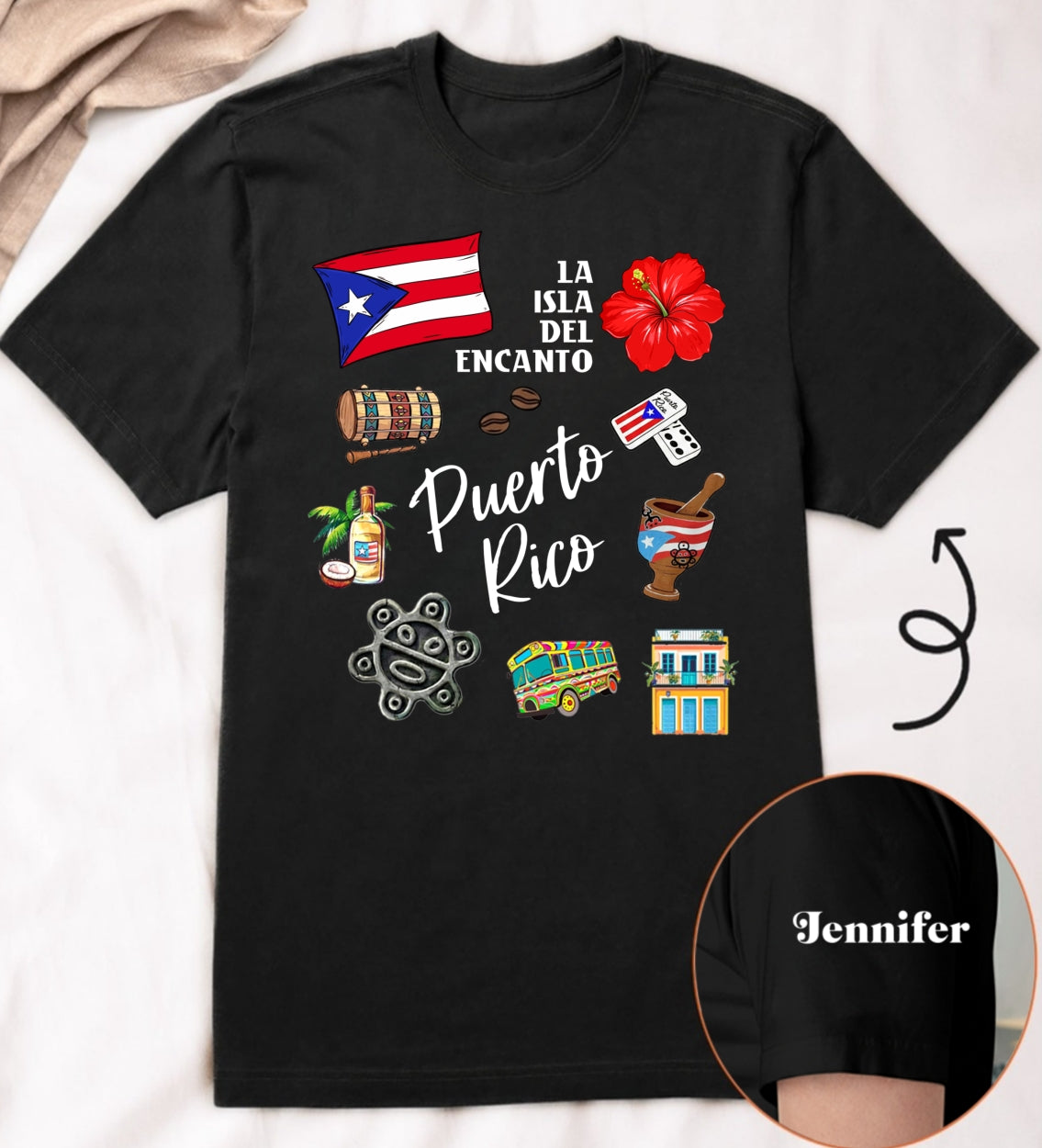 Custom Puerto Rico Symbols T-shirt With Name On The Sleeve