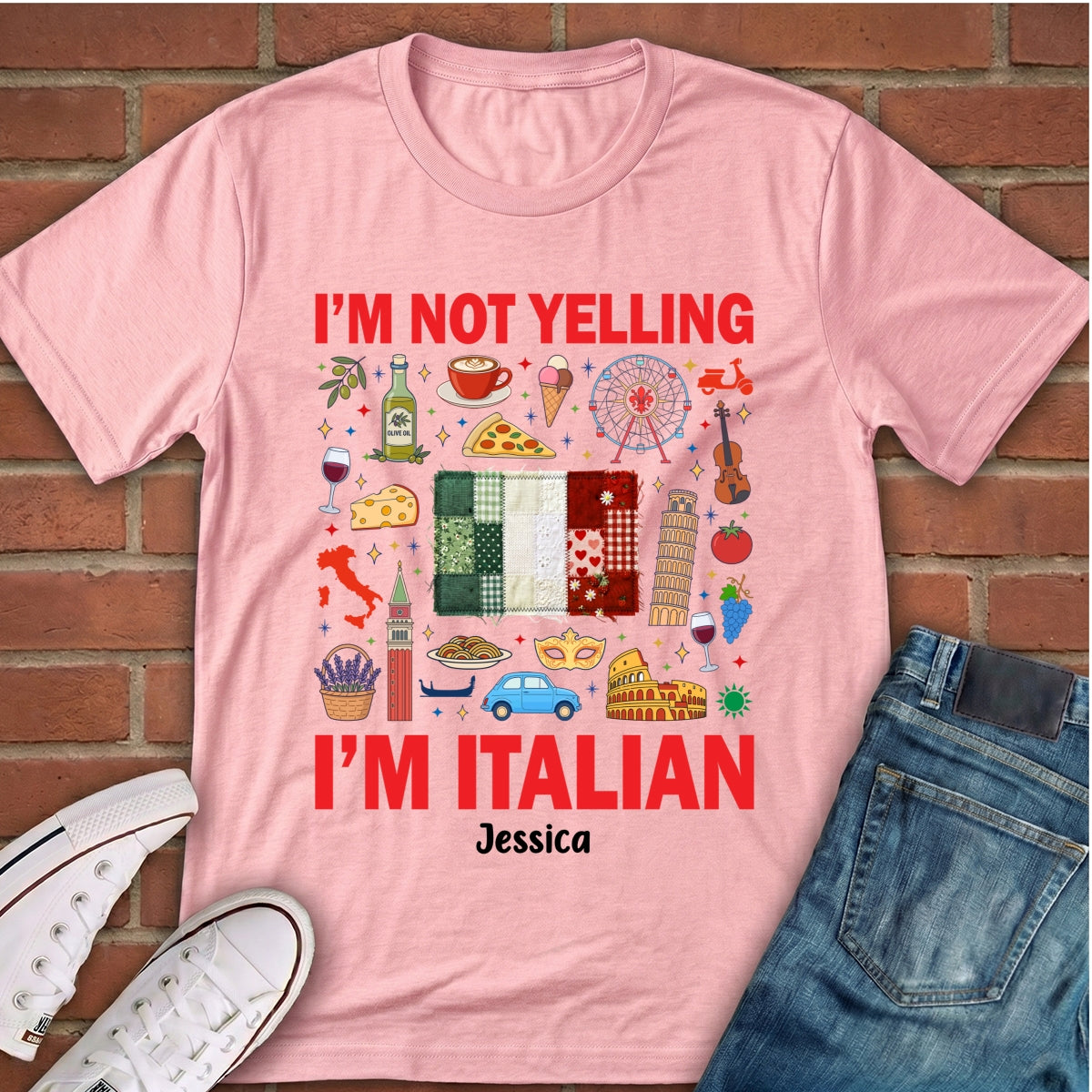 Custom I'm Italian T-shirt With Flag Faux Patchwork Effect