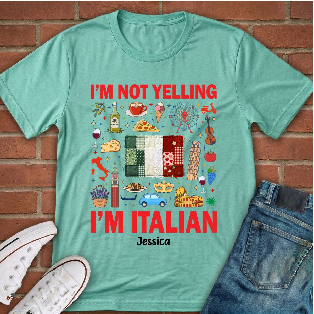Custom I'm Italian T-shirt With Flag Faux Patchwork Effect