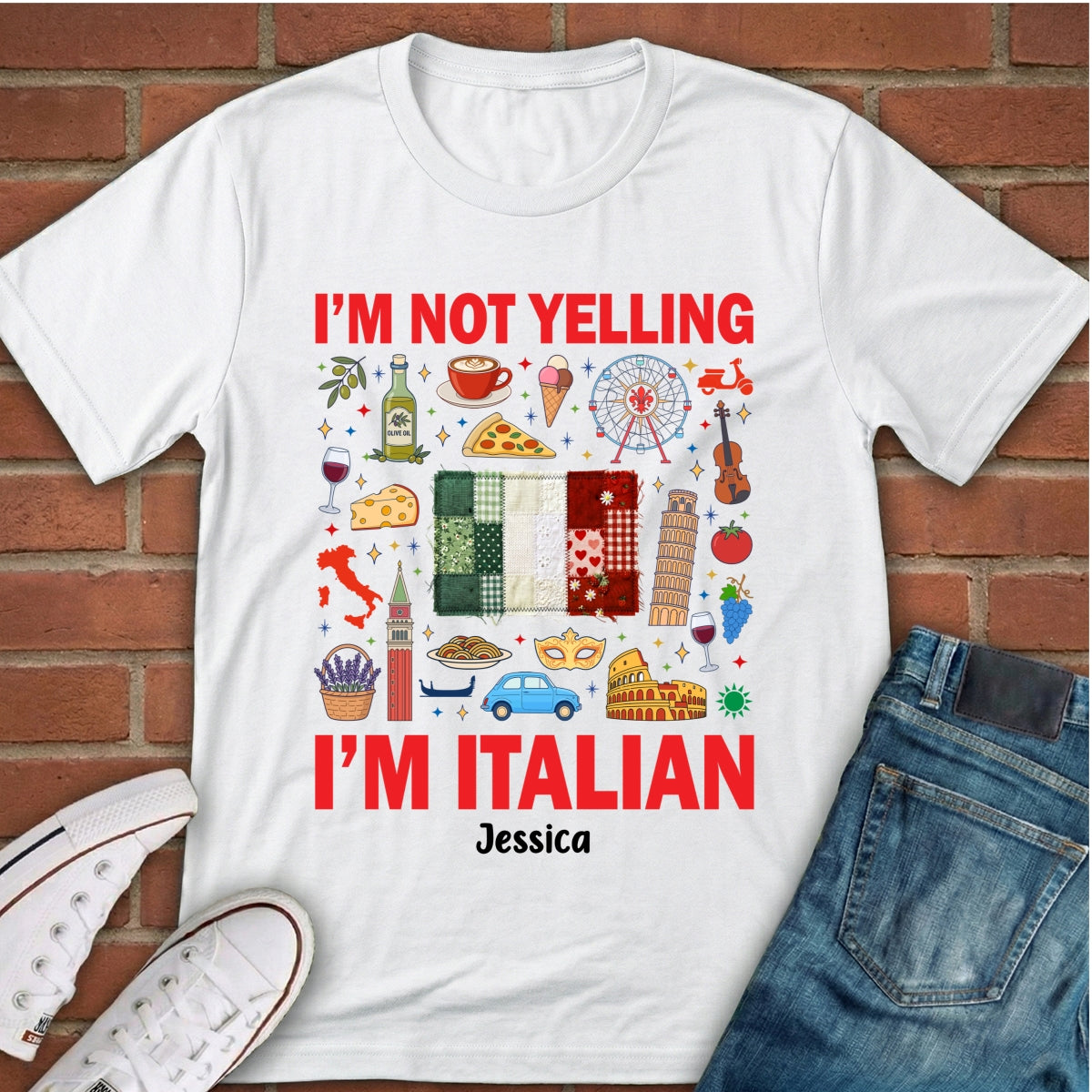 Custom I'm Italian T-shirt With Flag Faux Patchwork Effect