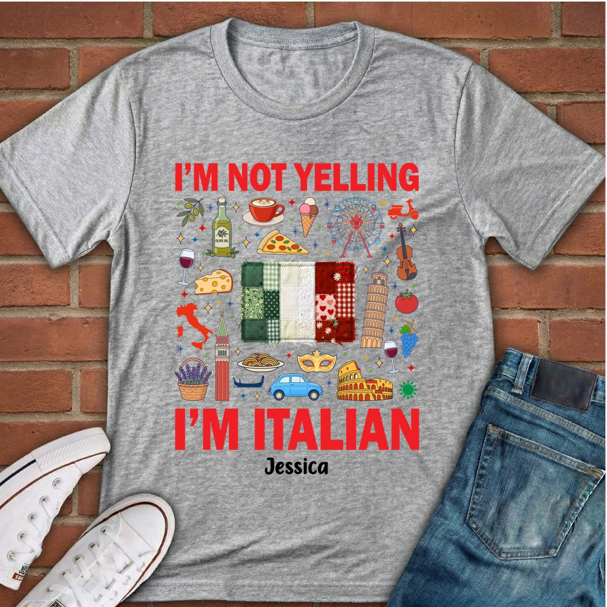 Custom I'm Italian T-shirt With Flag Faux Patchwork Effect