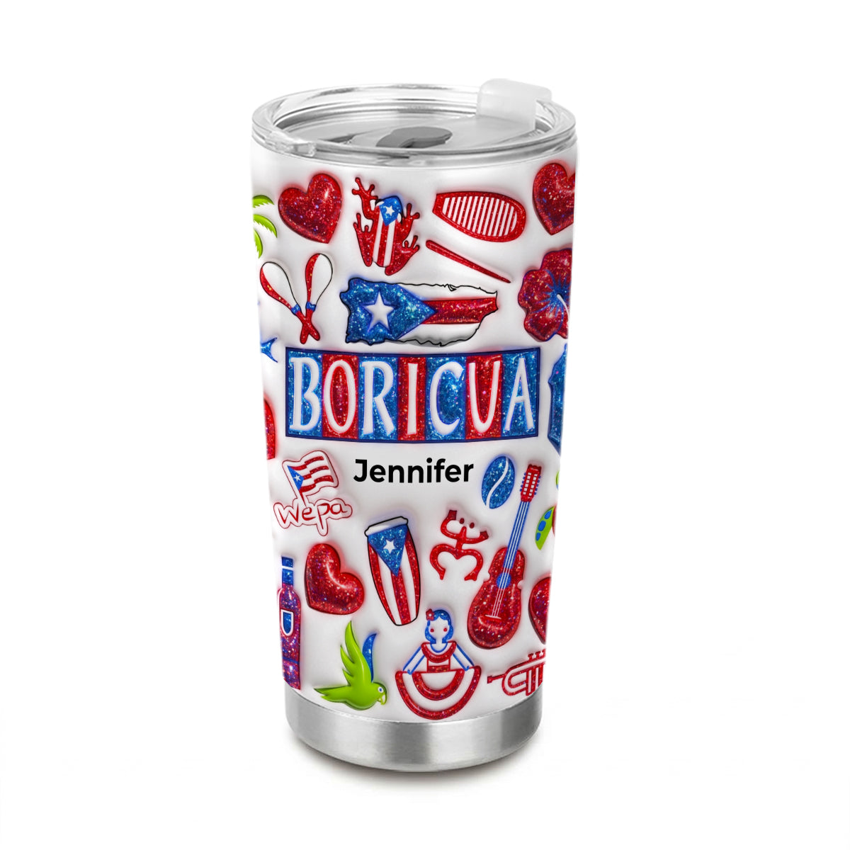 Custom Boricua Tumbler With Your Name With Glitter Effect Print