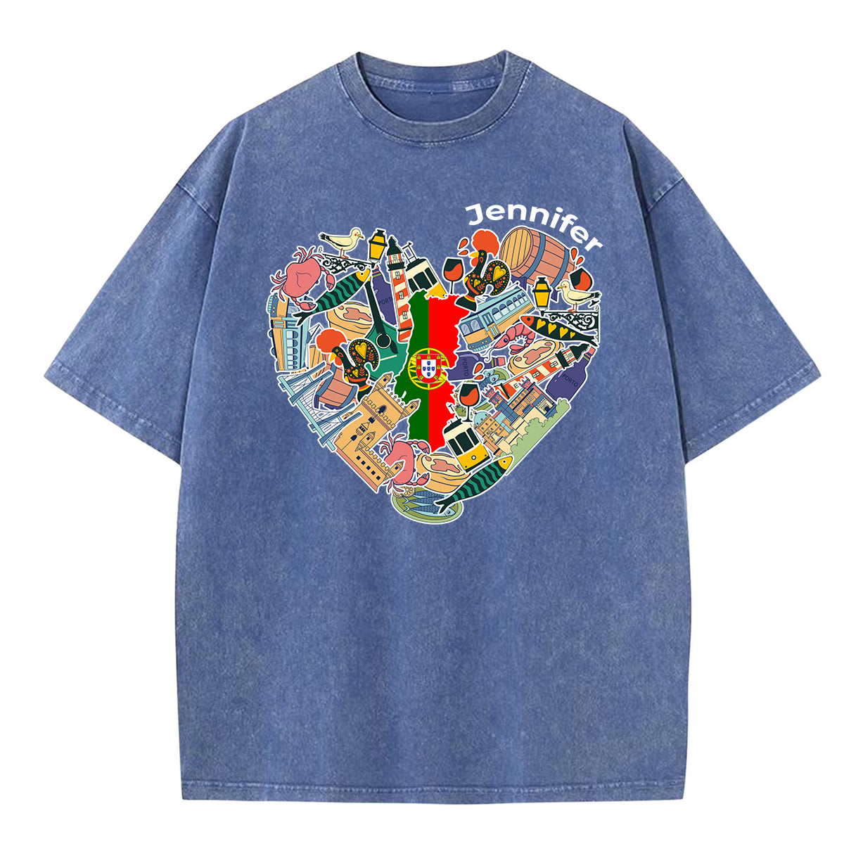 Custom Portugal Washed T-shirt With Mixed Symbols