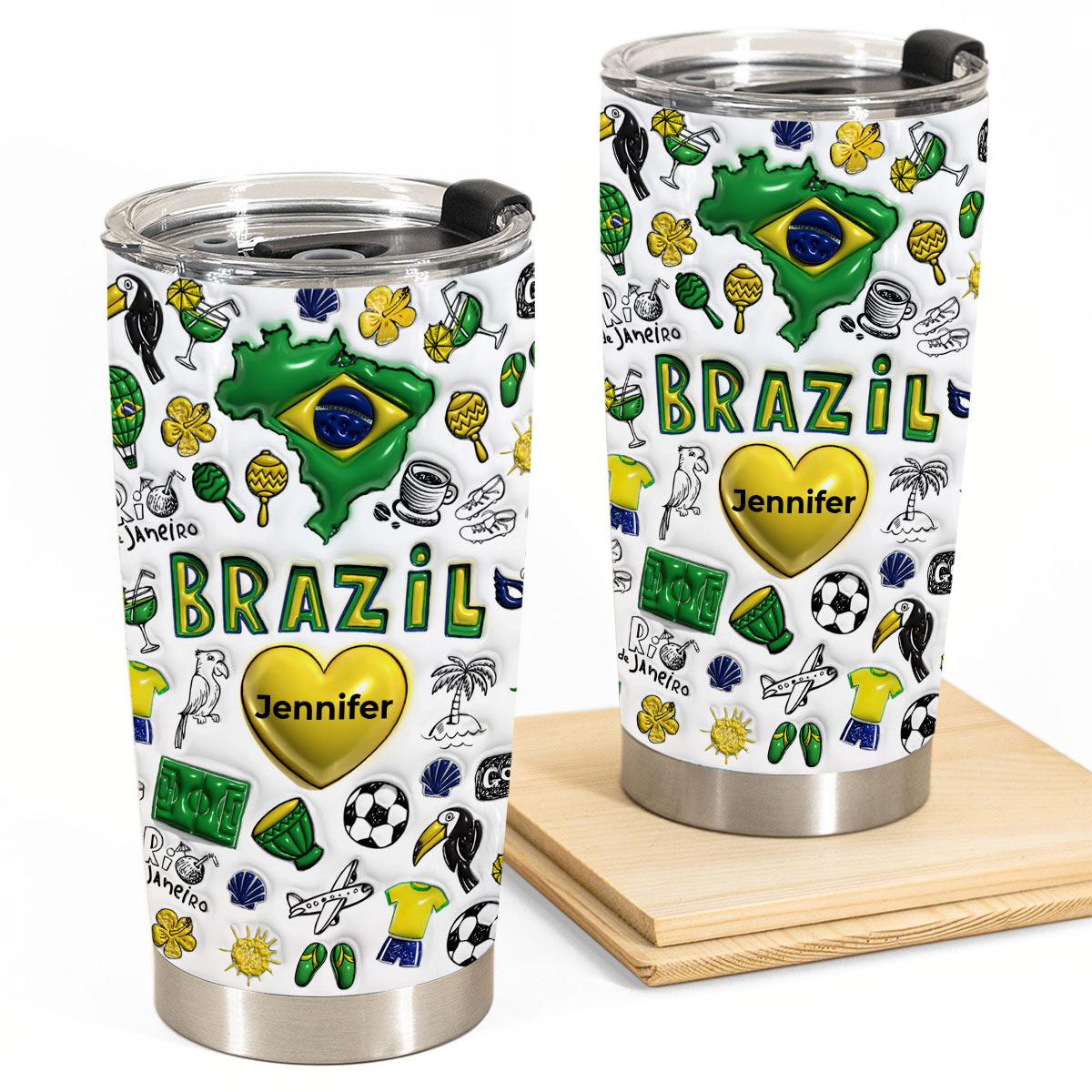 Custom Brazil Symbols Tumbler With Name On Heart 