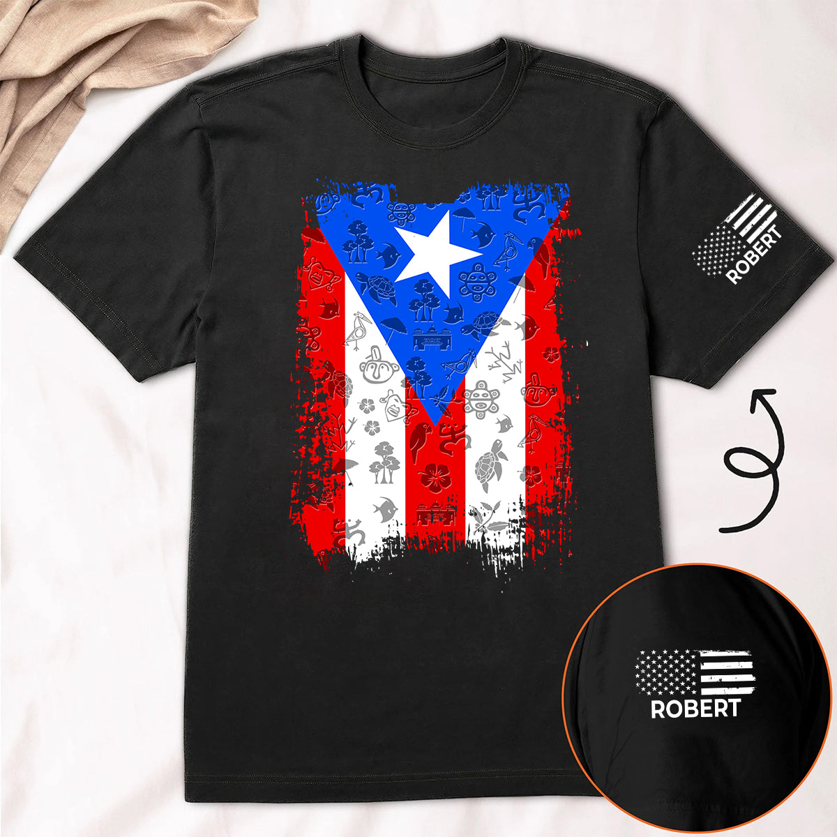 Puerto Rico Flag T-Shirt with Custom Name On Sleeve