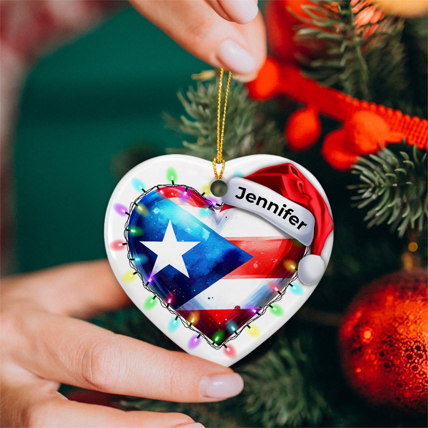 Custom Puerto Rico Light Christmas Heart Ornament
