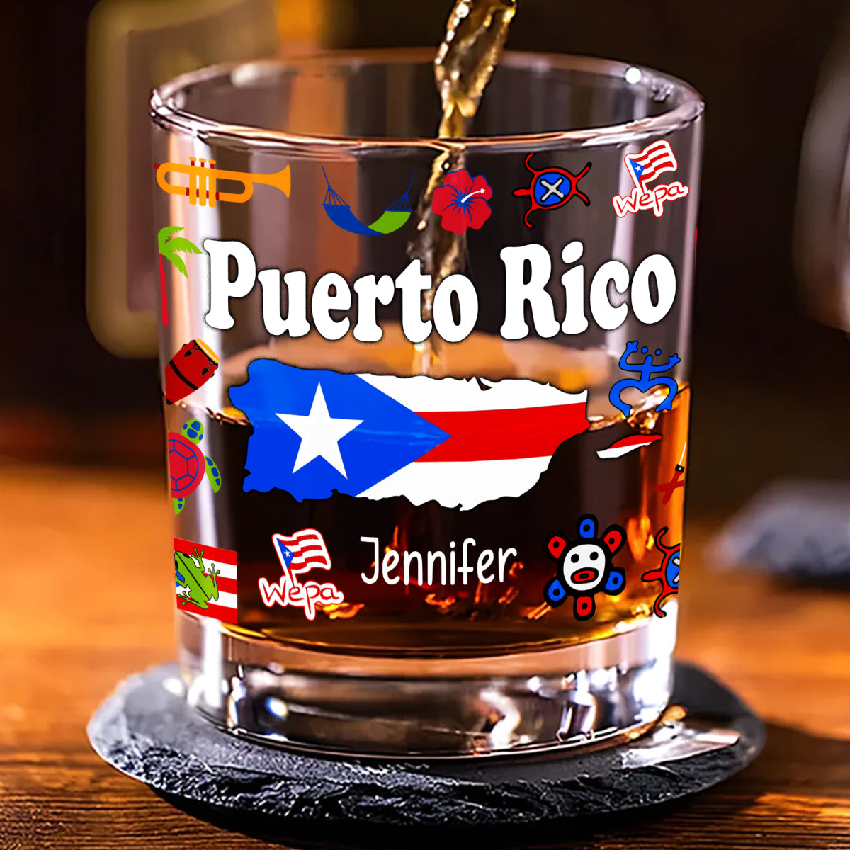 Custom Puerto Rico Symbols Whiskey Glass And Name