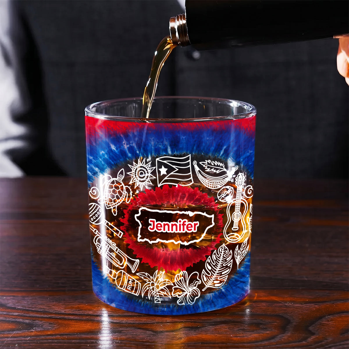 Custom Puerto Rico Tie Dye Whiskey Glass And Name