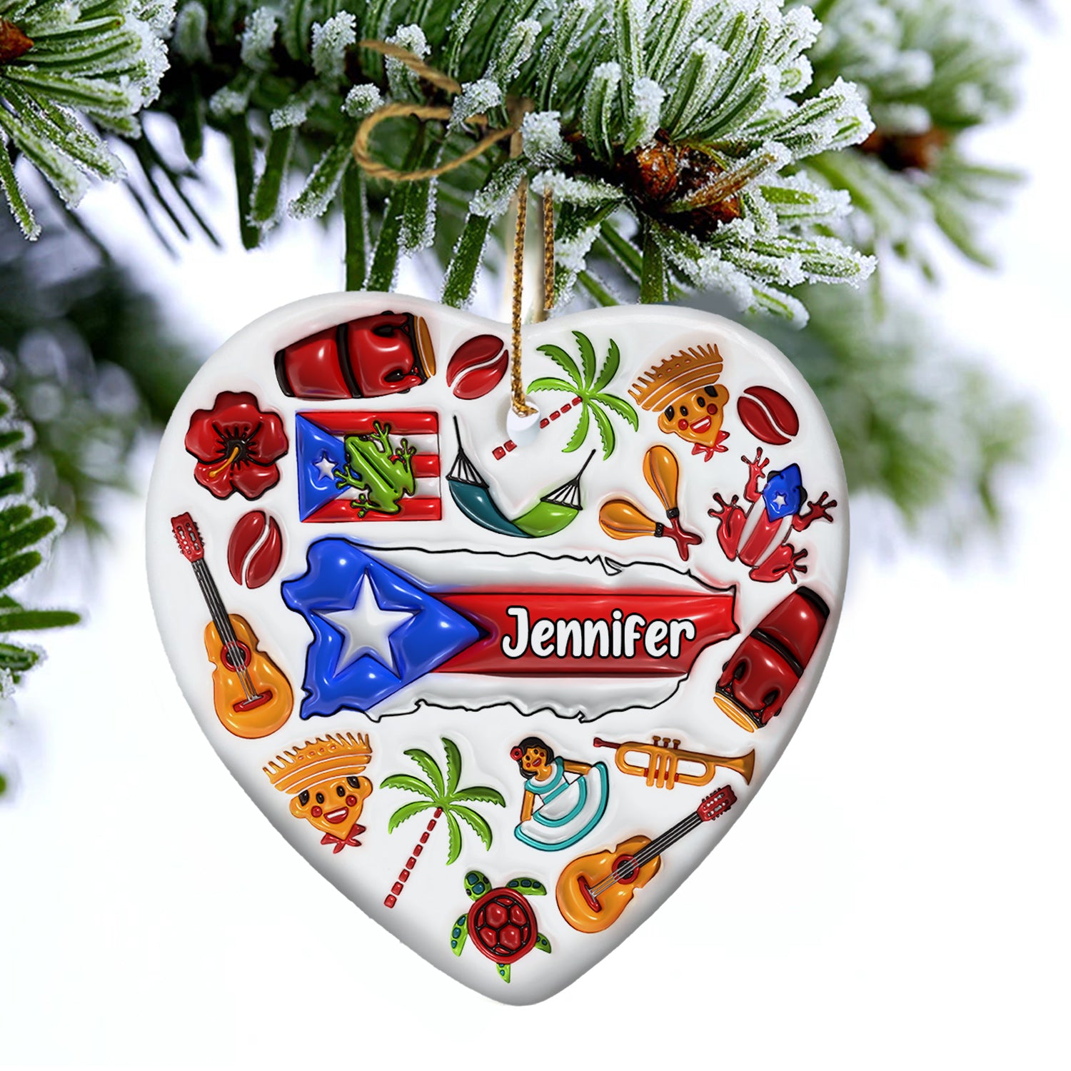 Custom Puerto Rico Heart Ornament With Many Symbols