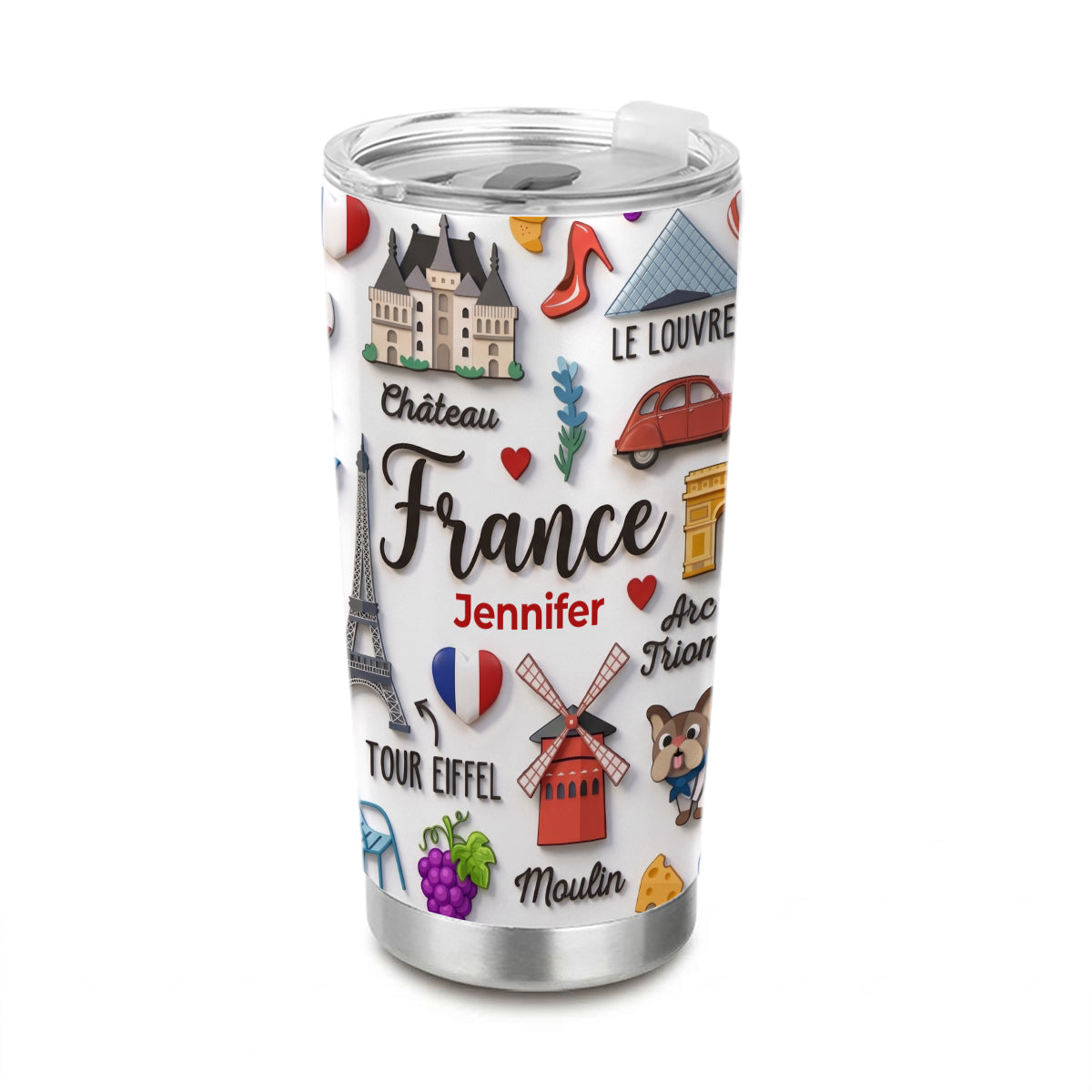 France Tumbler With Custom Your Name Emboss Effect
