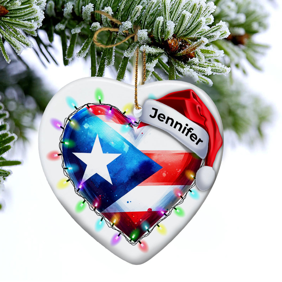 Custom Puerto Rico Light Christmas Heart Ornament