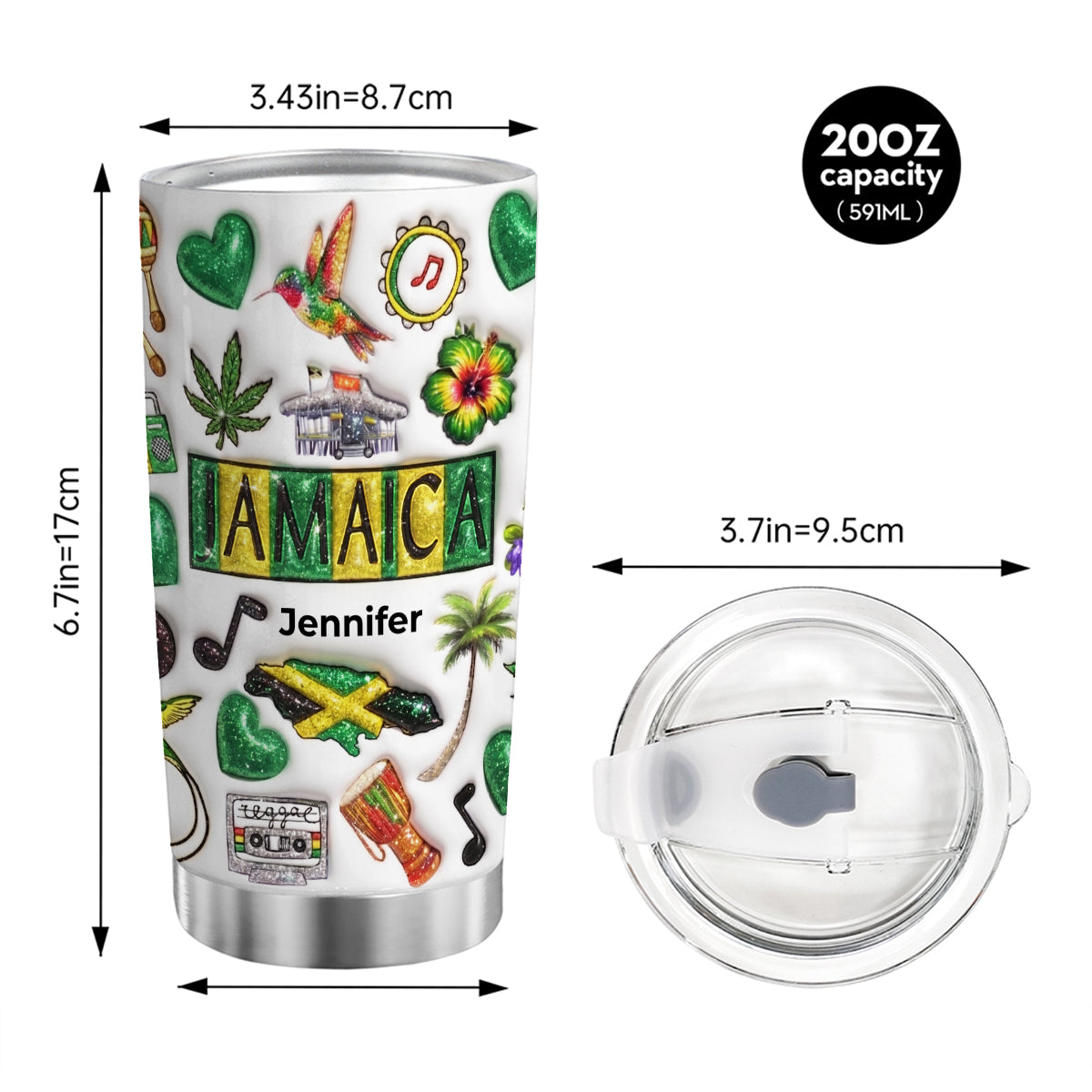 Custom Jamaica Tumbler With Your Name With Glitter Effect Print