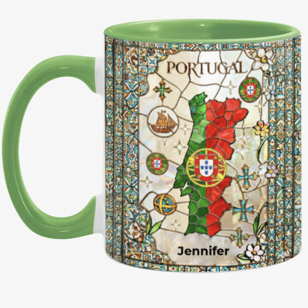Custom Portugal Accent Mug With Flower Patterns