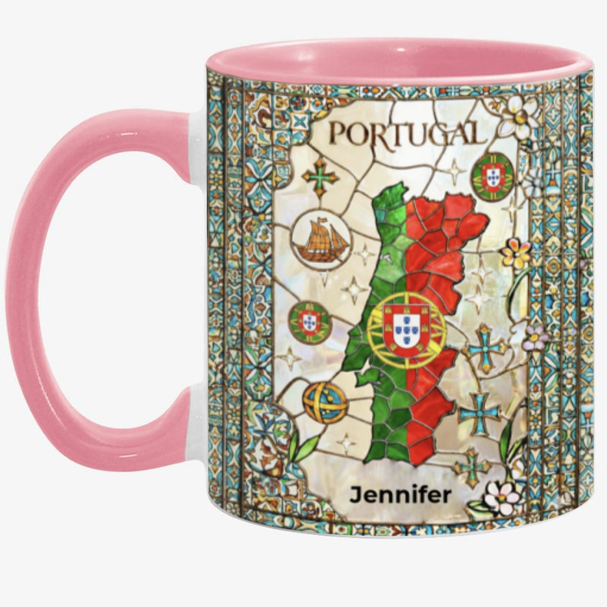 Custom Portugal Accent Mug With Flower Patterns