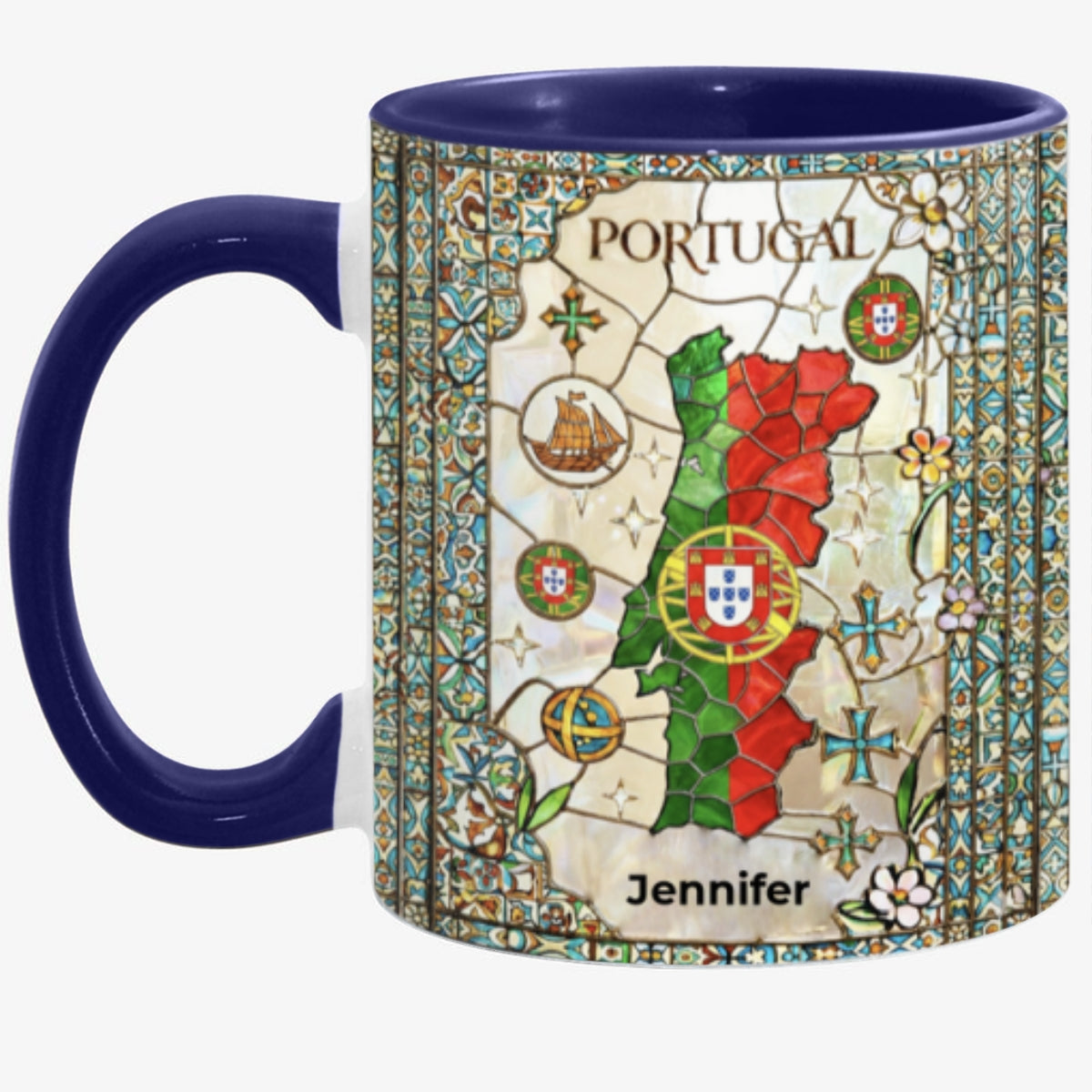 Custom Portugal Accent Mug With Flower Patterns